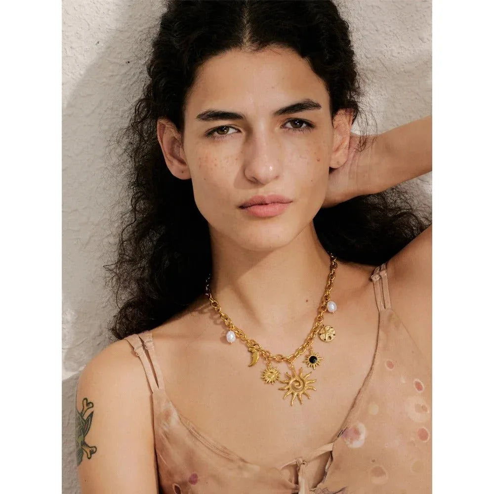 The Solar Path | The Sun & Moon Multi - Charm Necklace - Tarotara