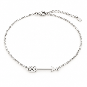 Silver-tone arrow necklace on a solid white background; AI-generated brand photograph