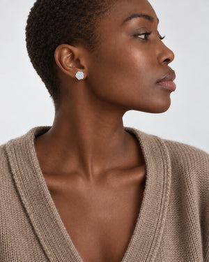 Rose Stud earrings worn at natural scale; AI-generated brand photograph