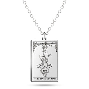 Silver The Hanged Man tarot-card pendant necklace on a white background.