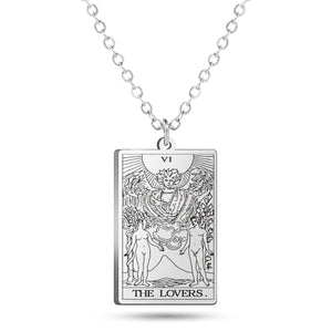 Silver The Lovers tarot-card pendant necklace on a white background.