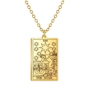 Gold The Star tarot-card pendant necklace on a white background.