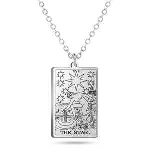 Silver The Star tarot-card pendant necklace on a white background.