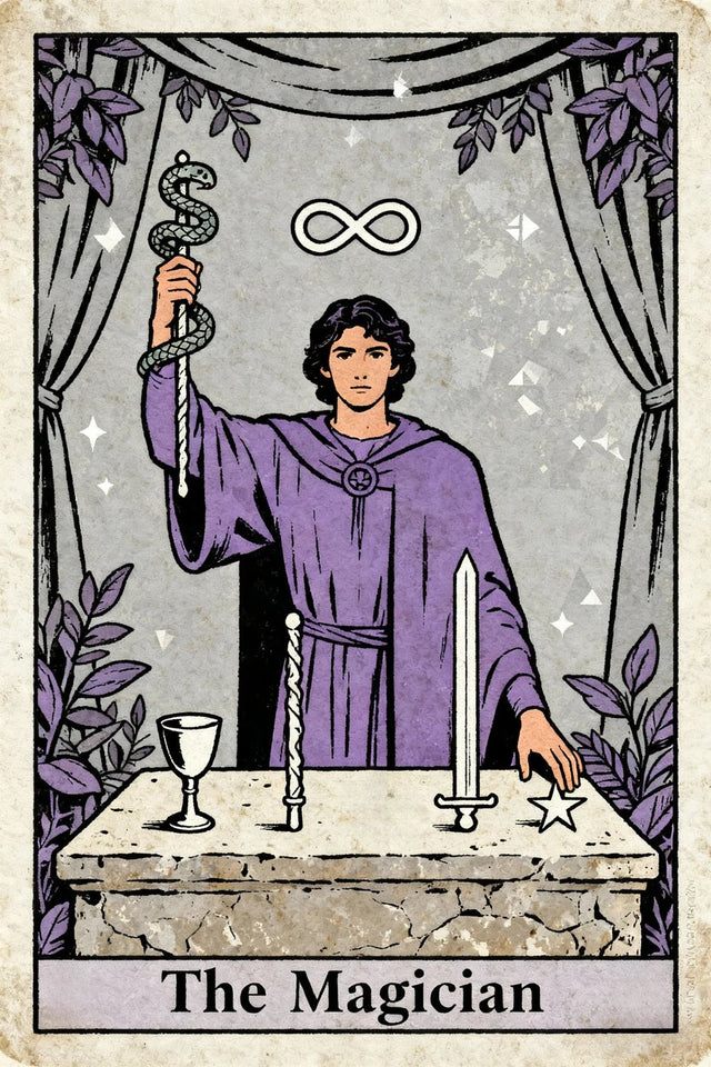 The Magician in a purple robe raising a staff above a table, with an infinity symbol overhead.