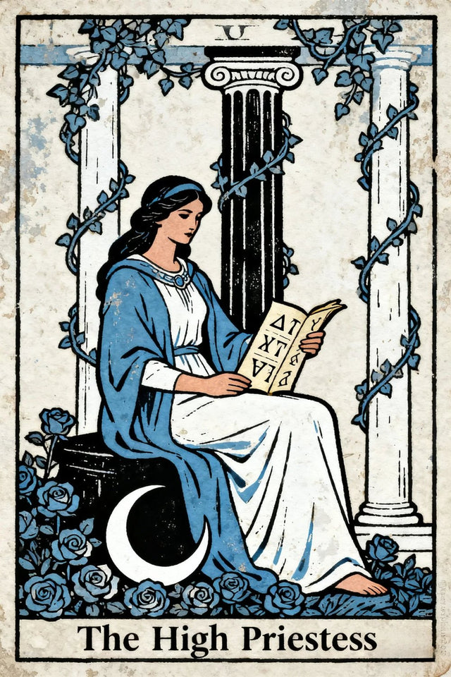 The High Priestess in a blue robe reading a scroll between pillars, with a crescent moon beside her.