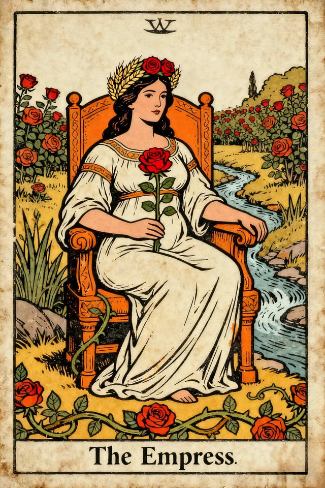 The Empress holding a red rose on a throne beside wheat, flowers, and a flowing river.