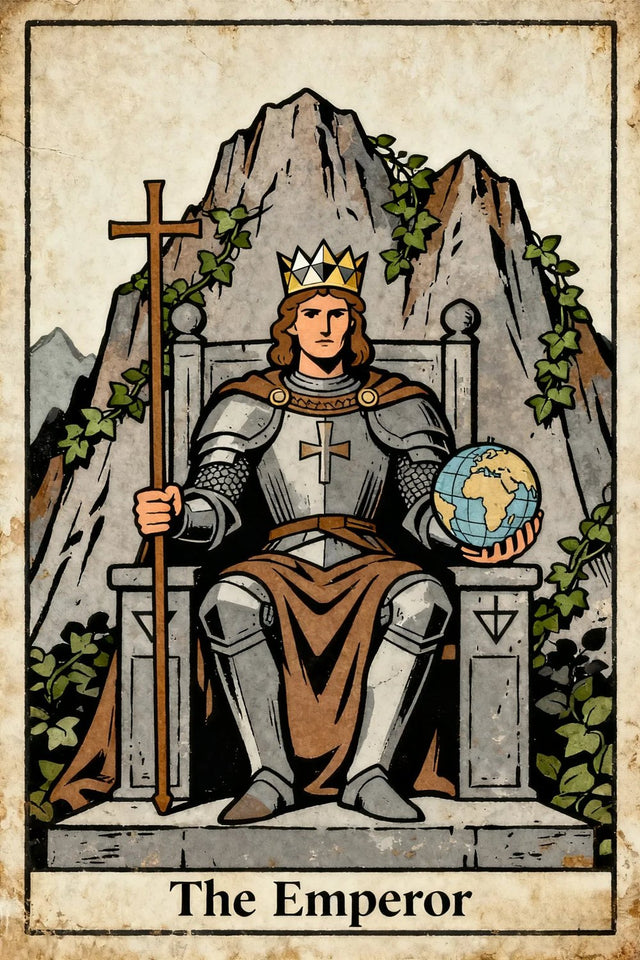 The Emperor wearing armor on a stone throne, holding a scepter and globe against mountain peaks.