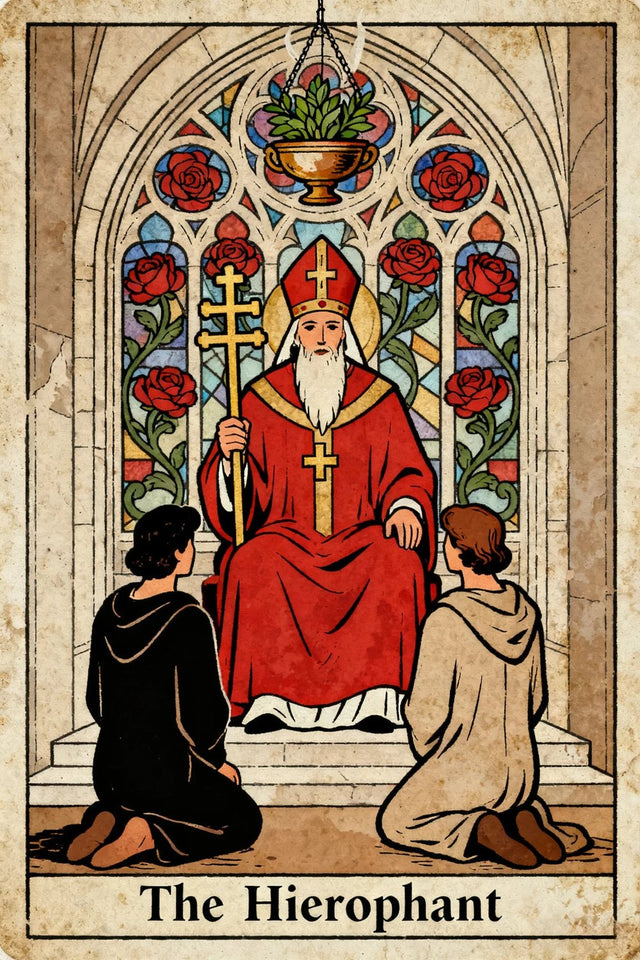 The Hierophant in red robes blessing two kneeling figures beneath a stained-glass window.