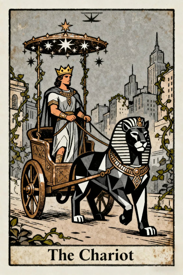 The Chariot with a crowned rider beneath a starry canopy and a sphinx in front of a walled city.