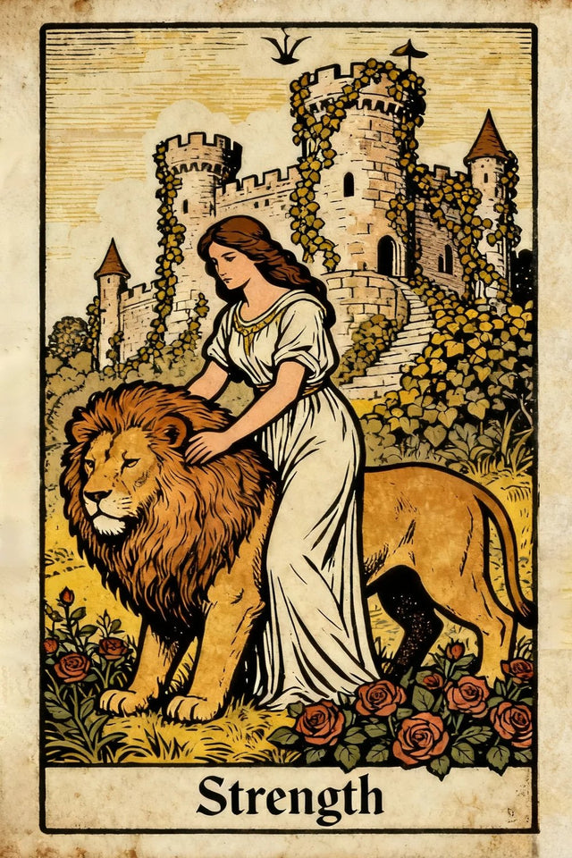 Strength showing a woman gently touching a lion beneath flowering castle walls.