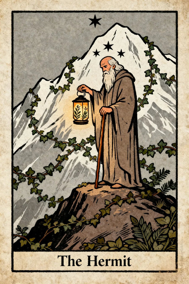 The Hermit holding a glowing lantern and a staff on a rocky path below a snowy mountain.