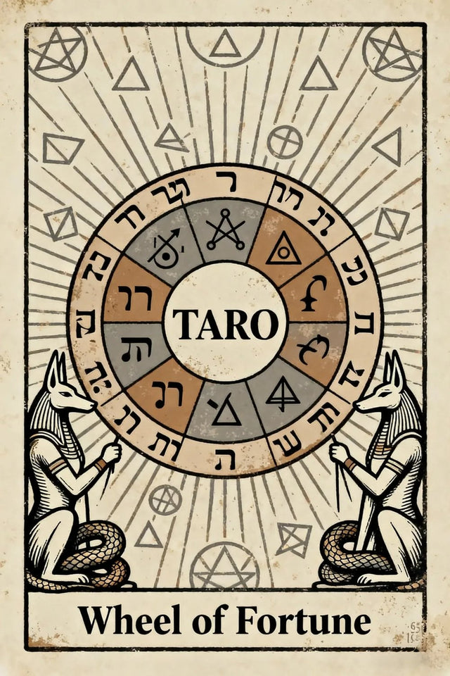 Wheel of Fortune showing a golden wheel with letters and symbols between two animal-headed figures.