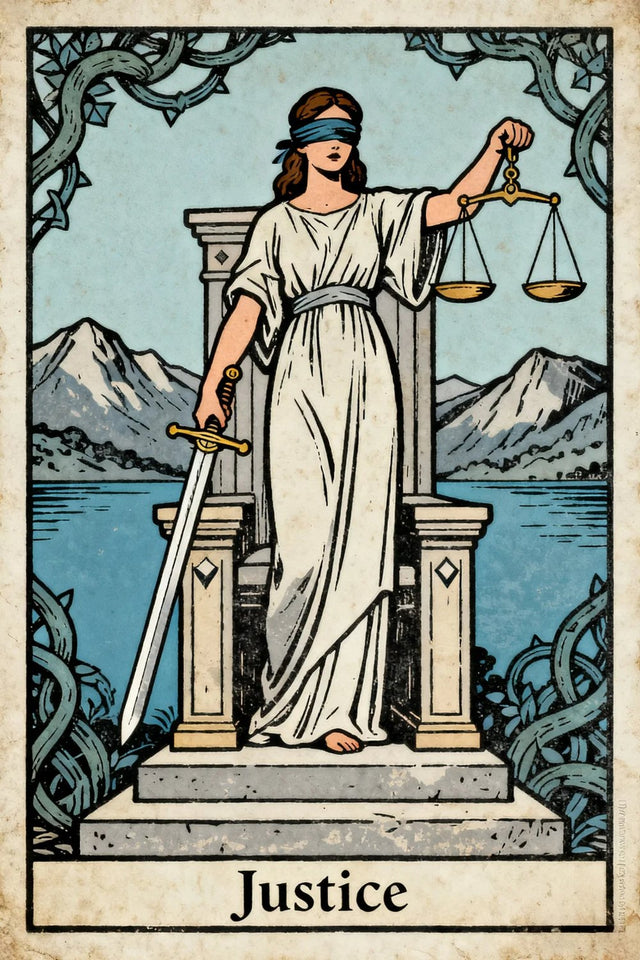 Justice standing blindfolded before a stone throne, holding a sword and balanced scales.