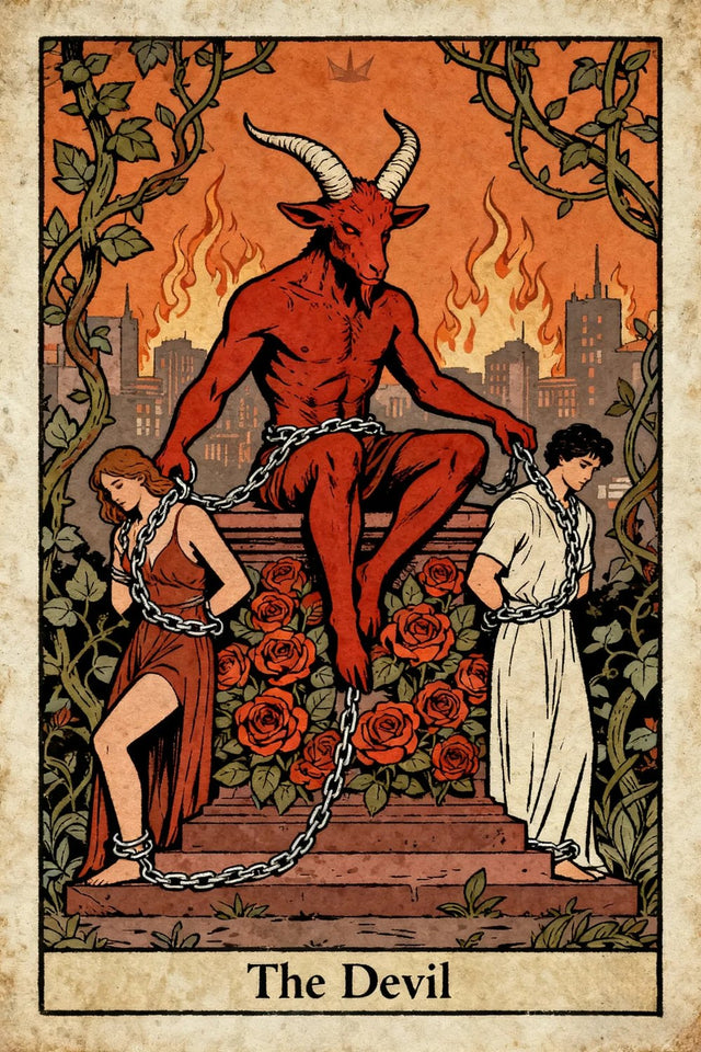 The Devil showing a horned red figure above two chained people surrounded by flames and roses.