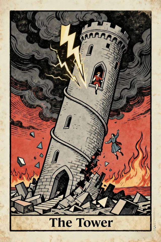 The Tower struck by lightning beneath dark storm clouds, with falling stones and fire below.