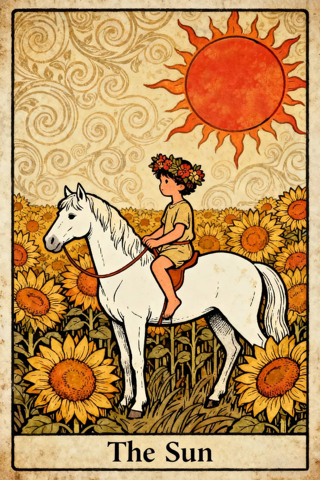 The Sun above a child riding a white horse through a field of sunflowers.