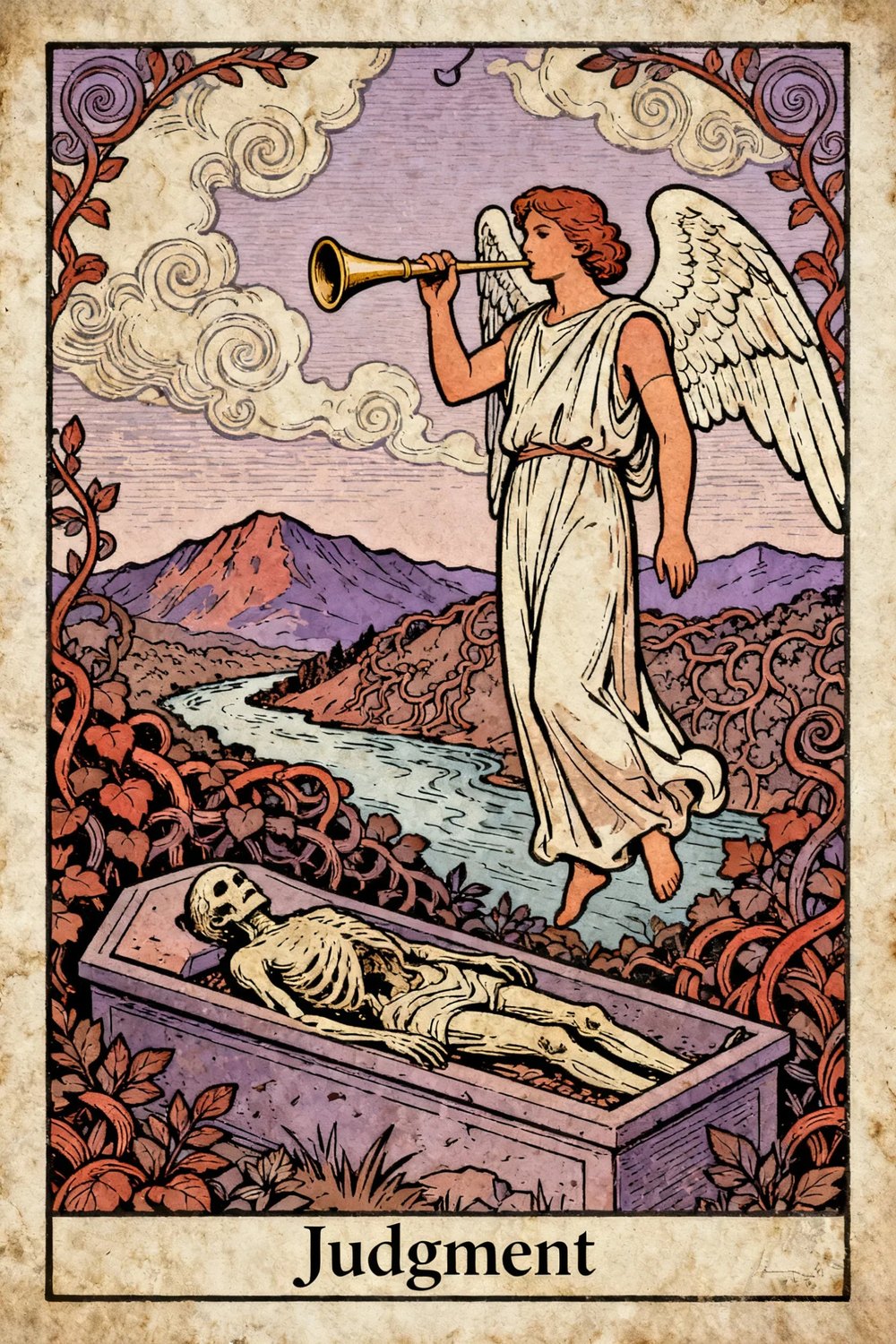 Judgement showing a winged angel sounding a trumpet above an open coffin in a mountain landscape.