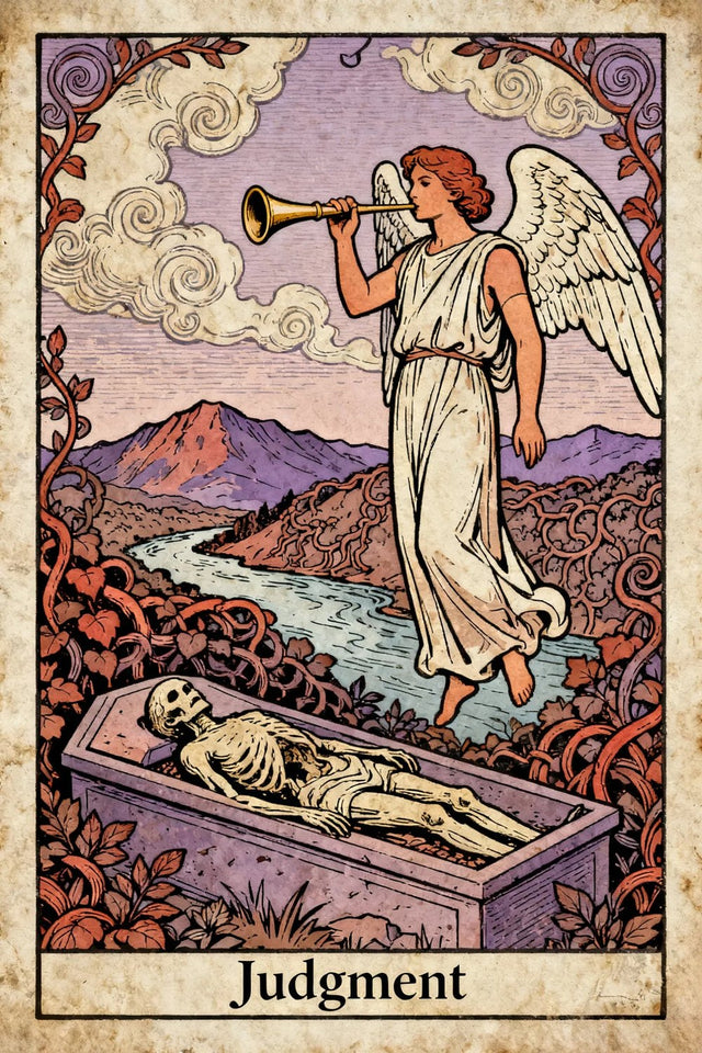 Judgement showing a winged angel sounding a trumpet above an open coffin in a mountain landscape.