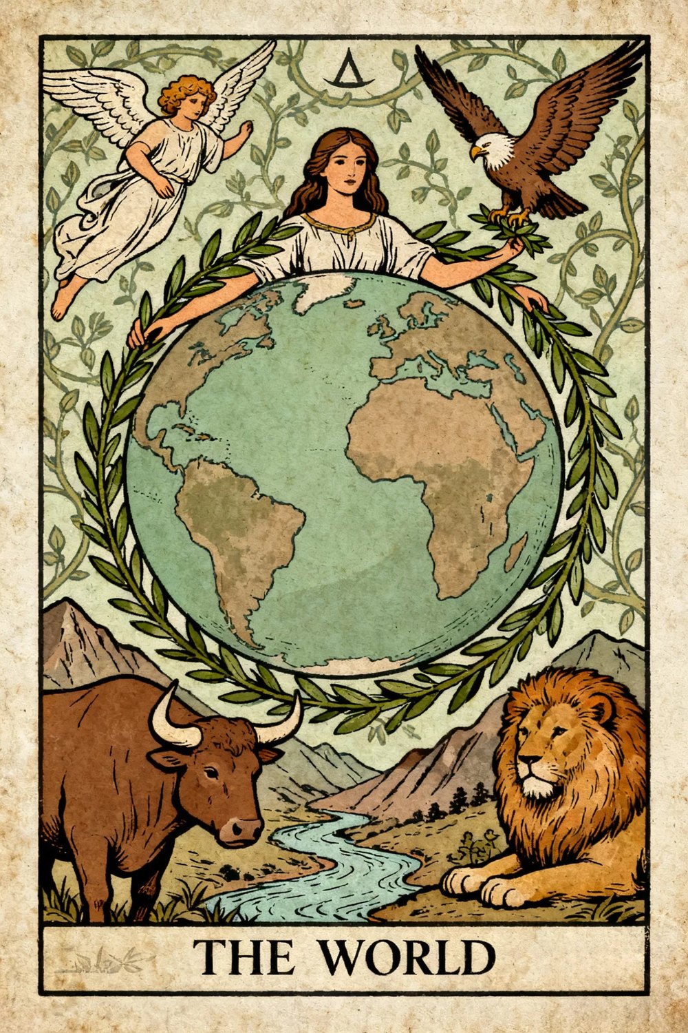 The World showing a woman behind a globe within a leafy wreath, surrounded by an angel, eagle, bull, and lion.