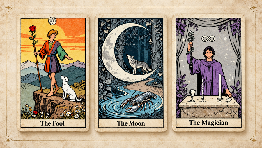 Tarotara's Fool, Moon, and Magician cards arranged from left to right on a parchment background.
