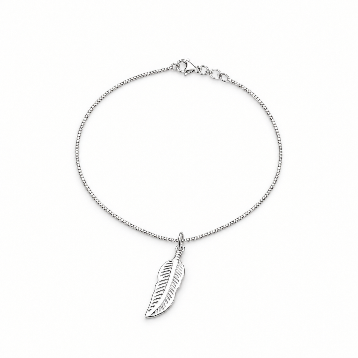 Silver-tone feather necklace on a plain light background