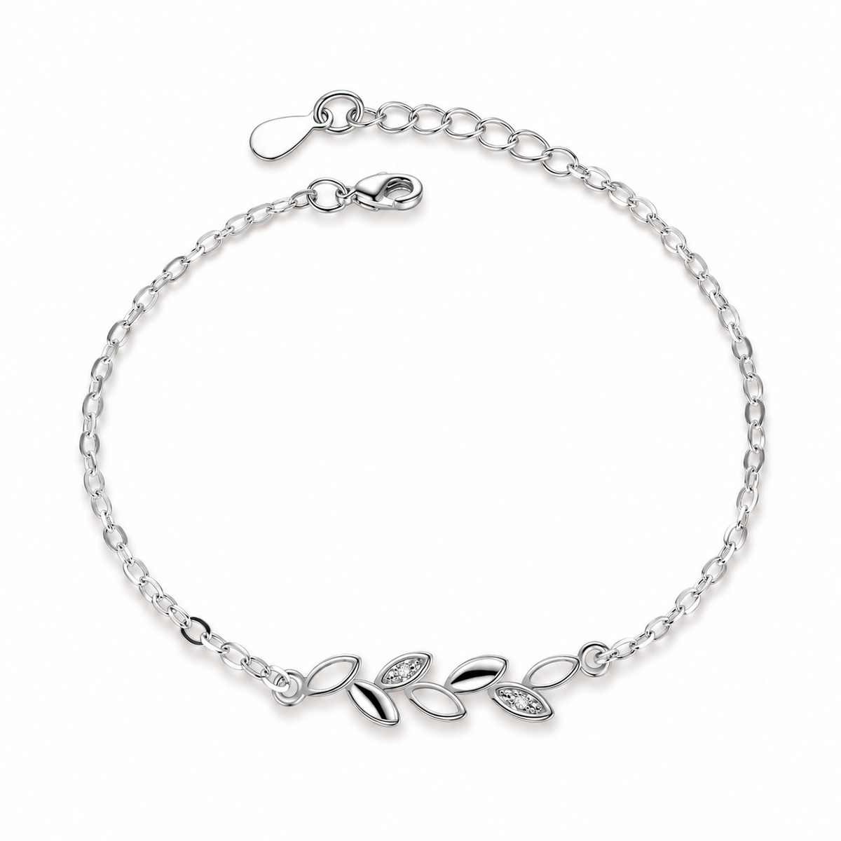 Silver-tone willow leaf bracelet on a warm-white background