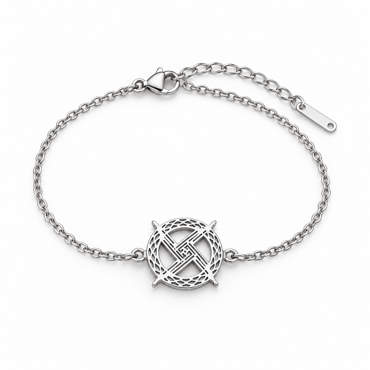 Silver-tone woven cross bracelet on a plain light background