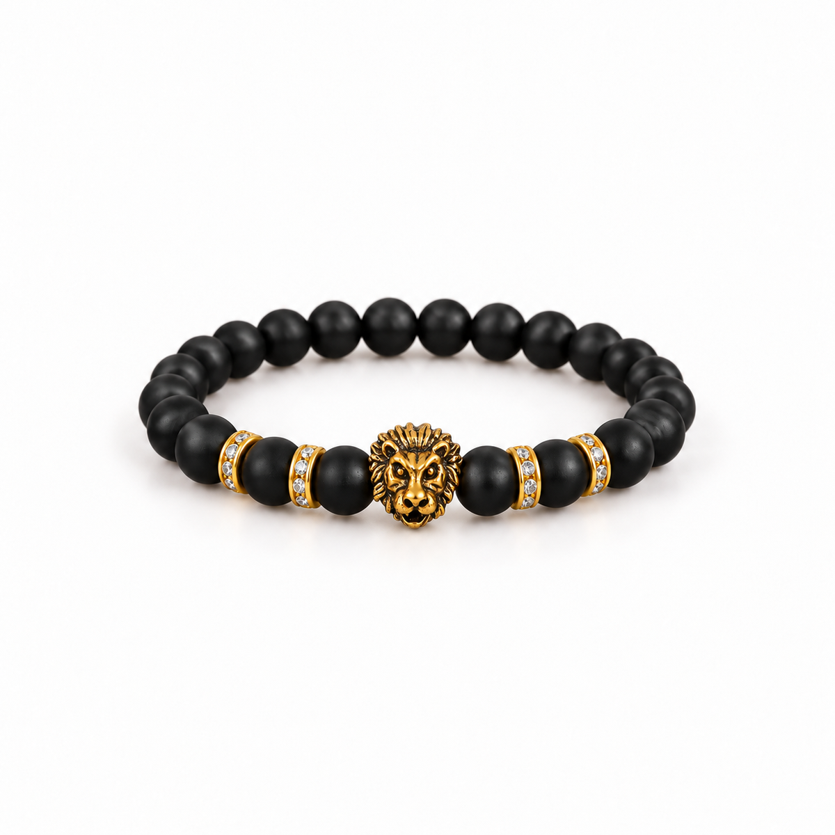 Black-tone lion bead bracelet on a warm-white background