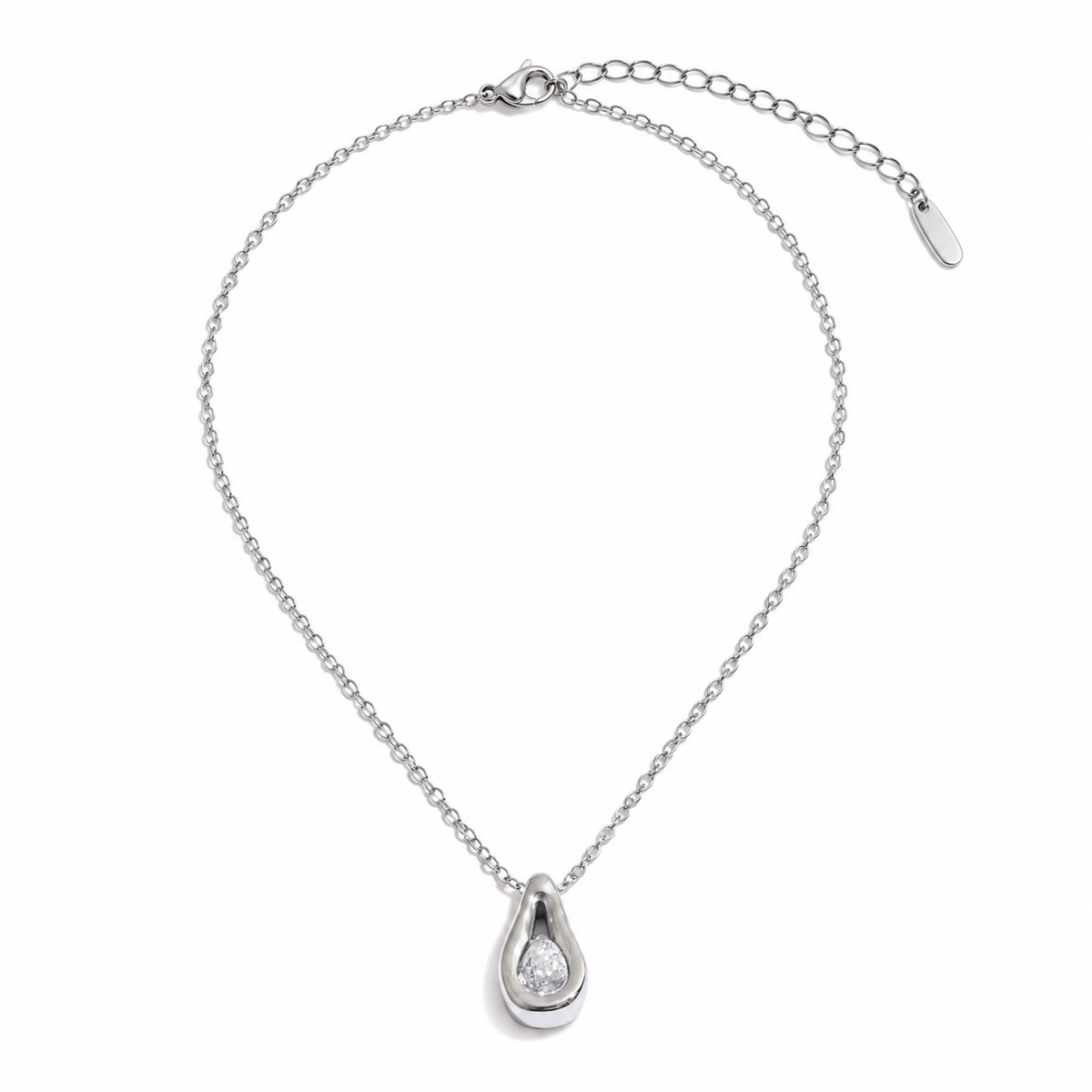 Silver-tone teardrop necklace on a plain warm-white background