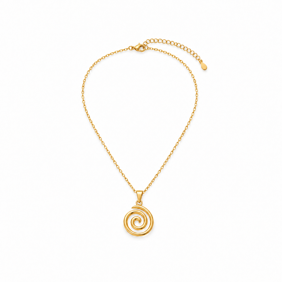 Gold-tone open spiral necklace on a warm-white background