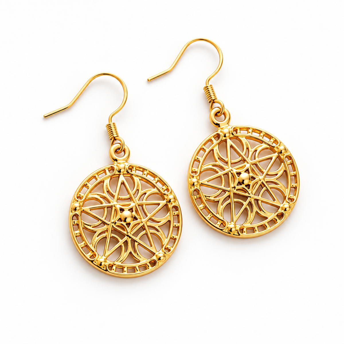 Gold-tone openwork circle earrings on a plain light background