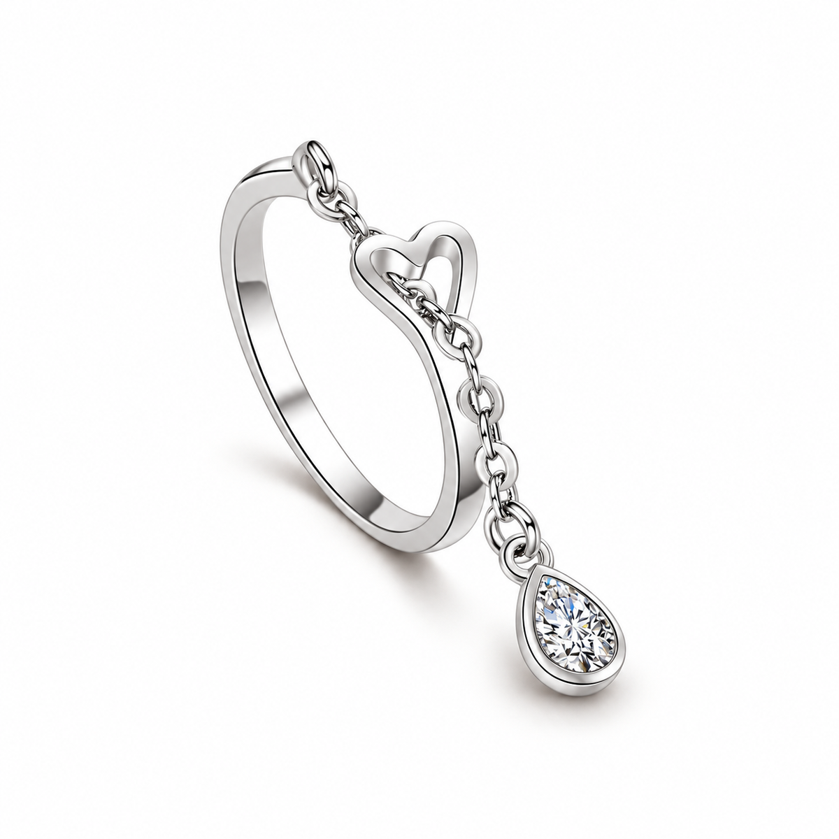 Silver-tone suspended drop ring on a warm-white background