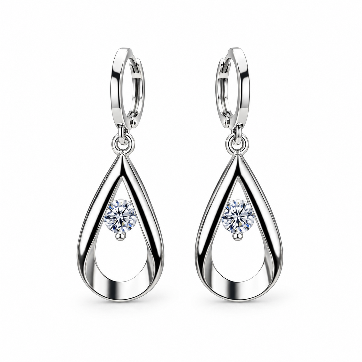 Silver-tone open waterdrop earrings on a warm-white background