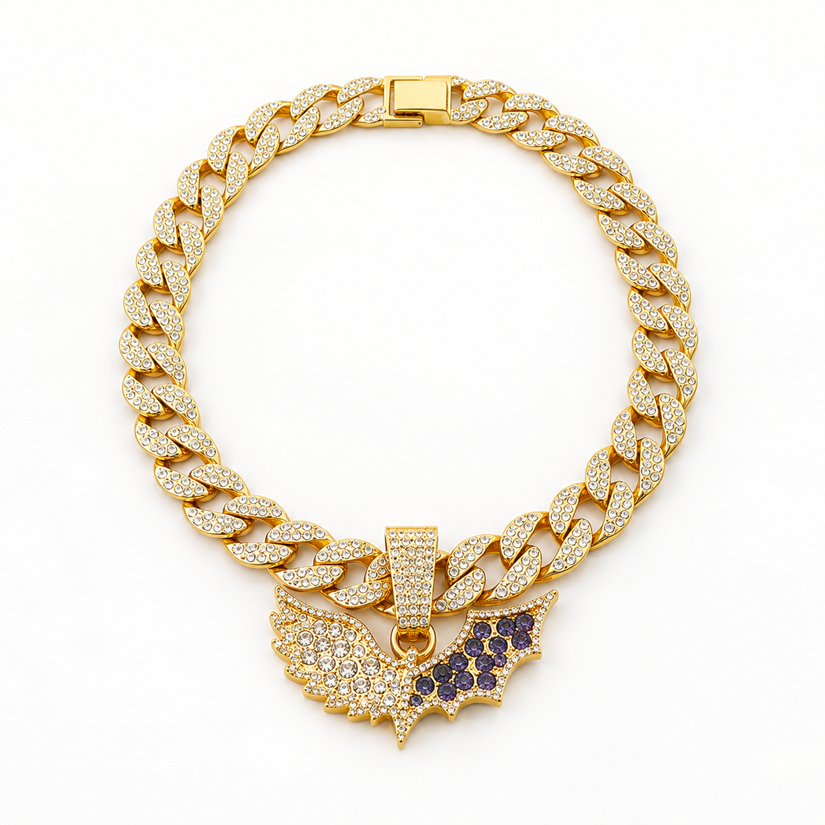 Gold-tone two wings necklace on a plain warm-white background