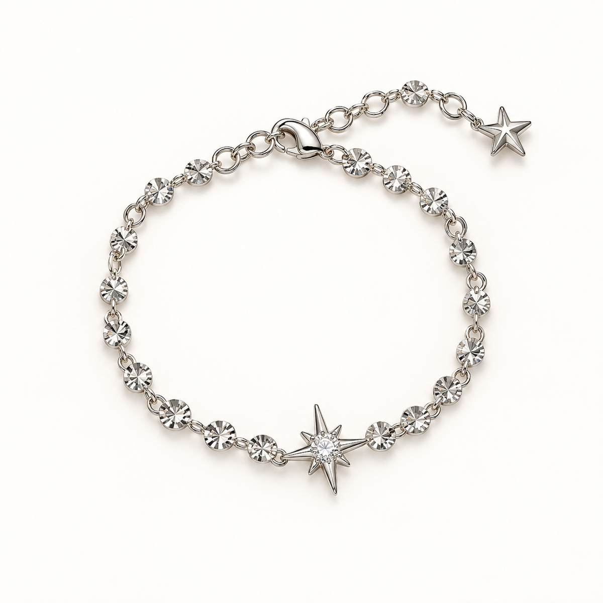 Silver-tone star chain bracelet on a warm-white background