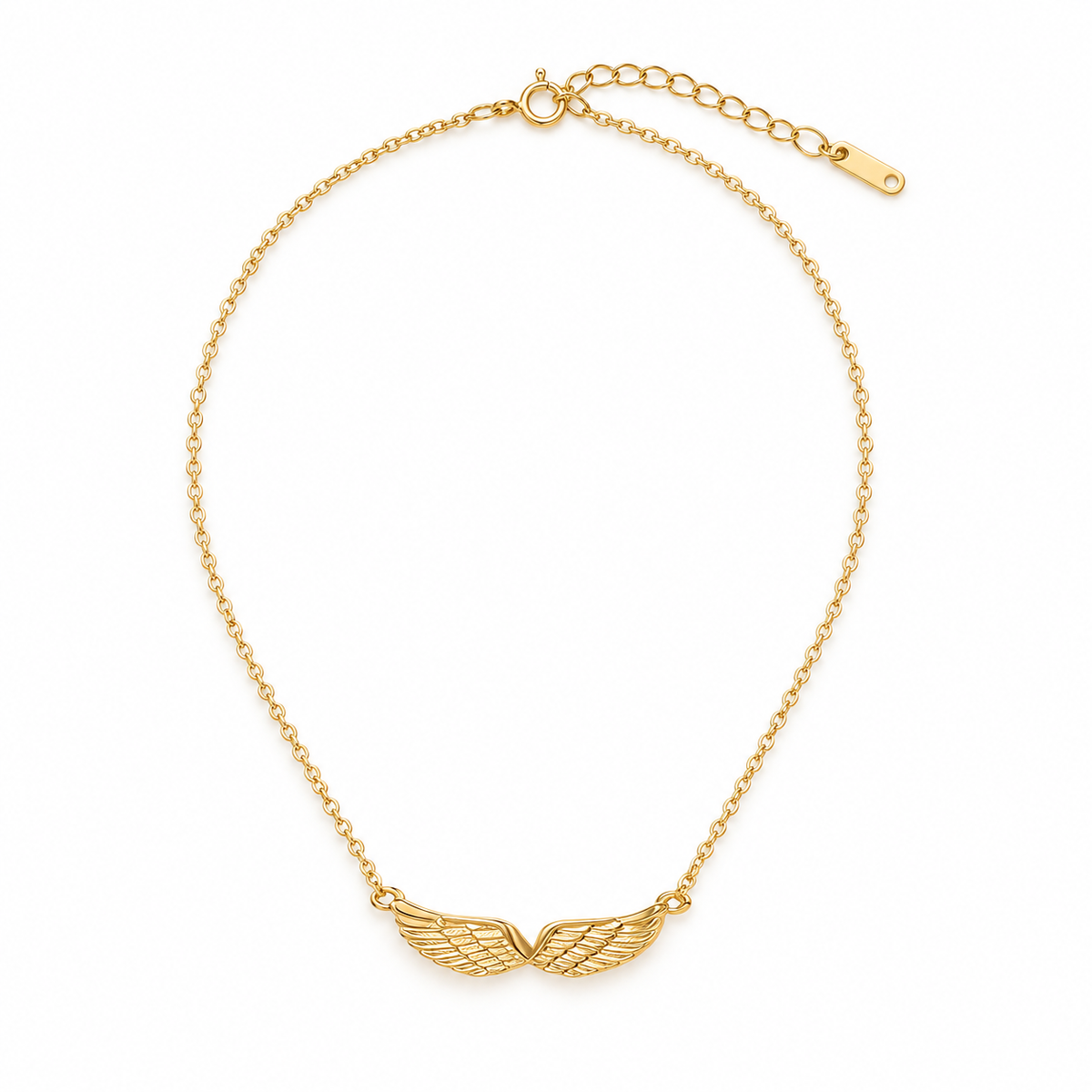Gold-tone wing bar necklace on a plain warm-white background