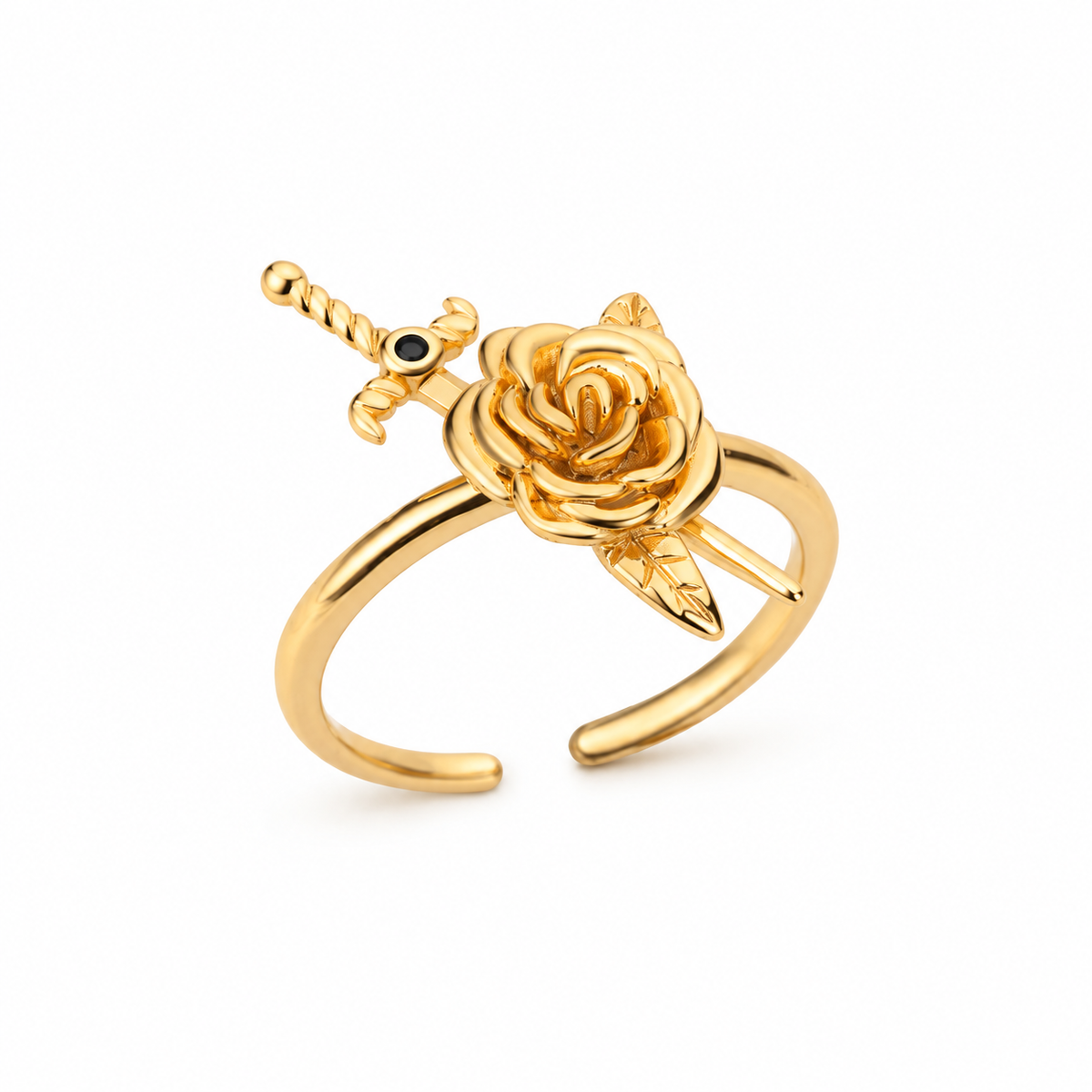Gold-tone rose and sword ring on a plain light background