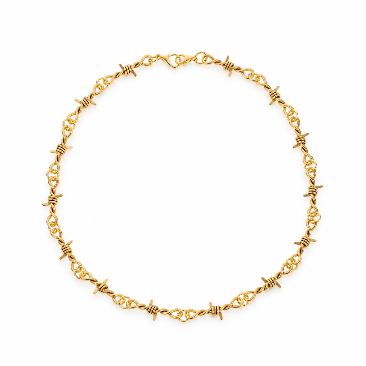 Gold-tone barbed link necklace on a solid white background; AI-generated brand photograph