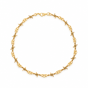 Gold-tone barbed link necklace on a solid white background; AI-generated brand photograph