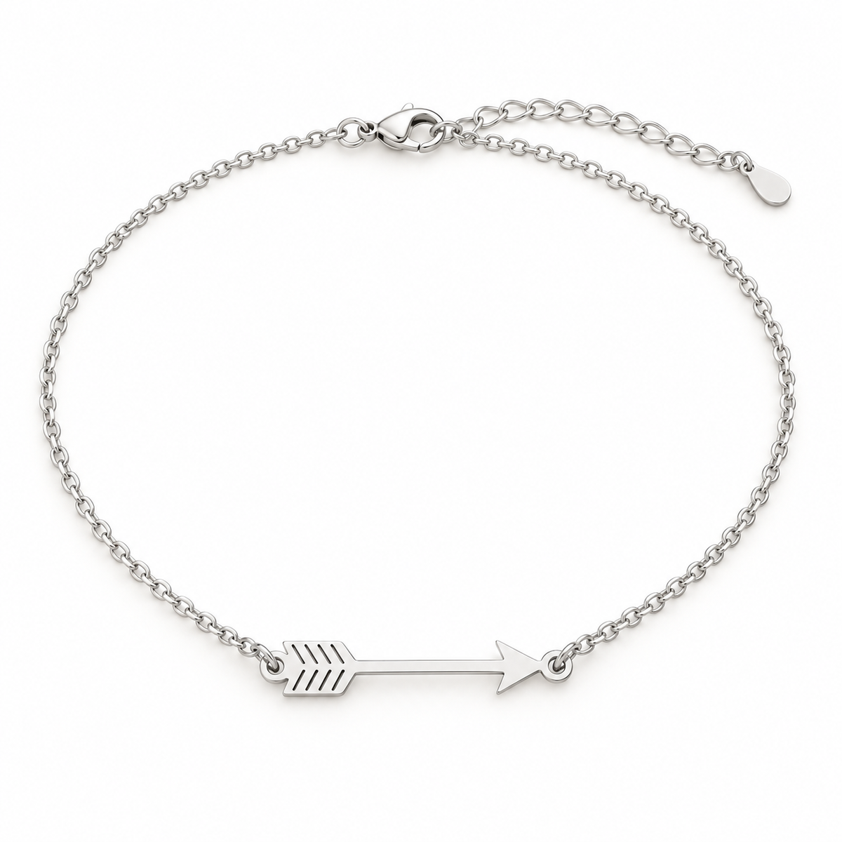 Silver-tone arrow necklace on a solid white background; AI-generated brand photograph