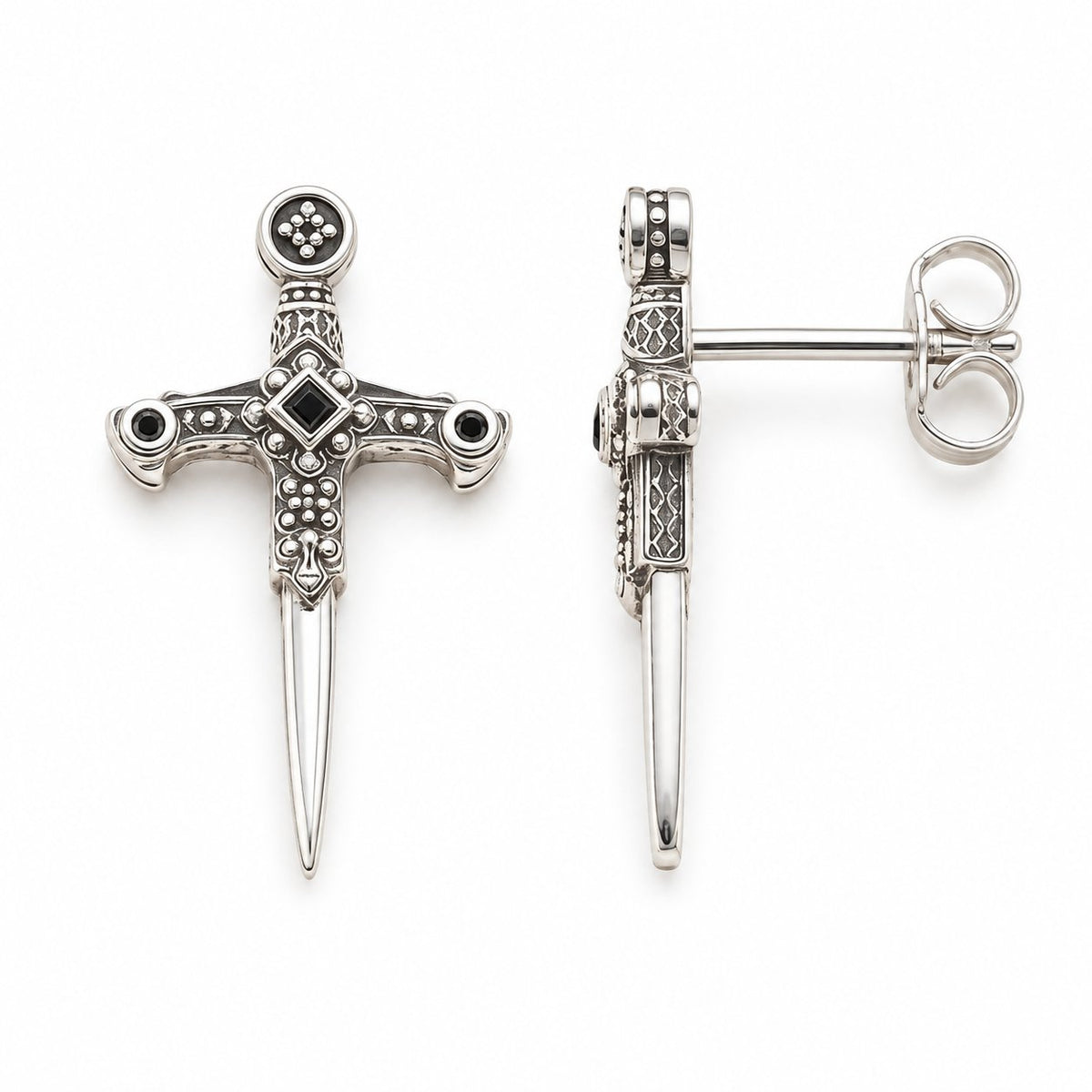 Silver-tone sword stud earrings on a plain white background; AI-generated brand photograph