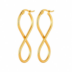 Gold-tone infinity hoop earrings on a plain white background; AI-generated brand photograph