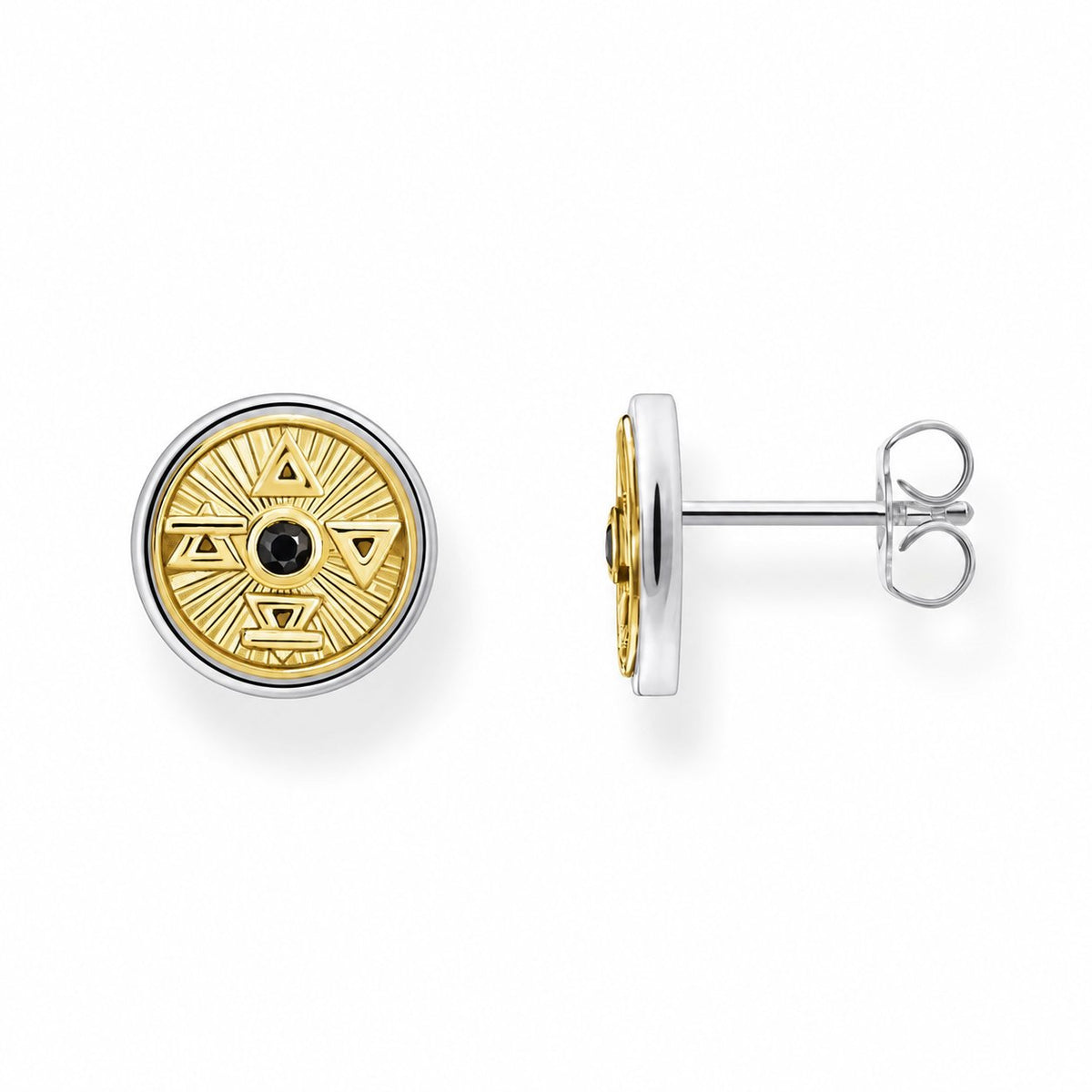 Gold / Silver-tone element medallion stud earrings on a plain white background; AI-generated brand photograph