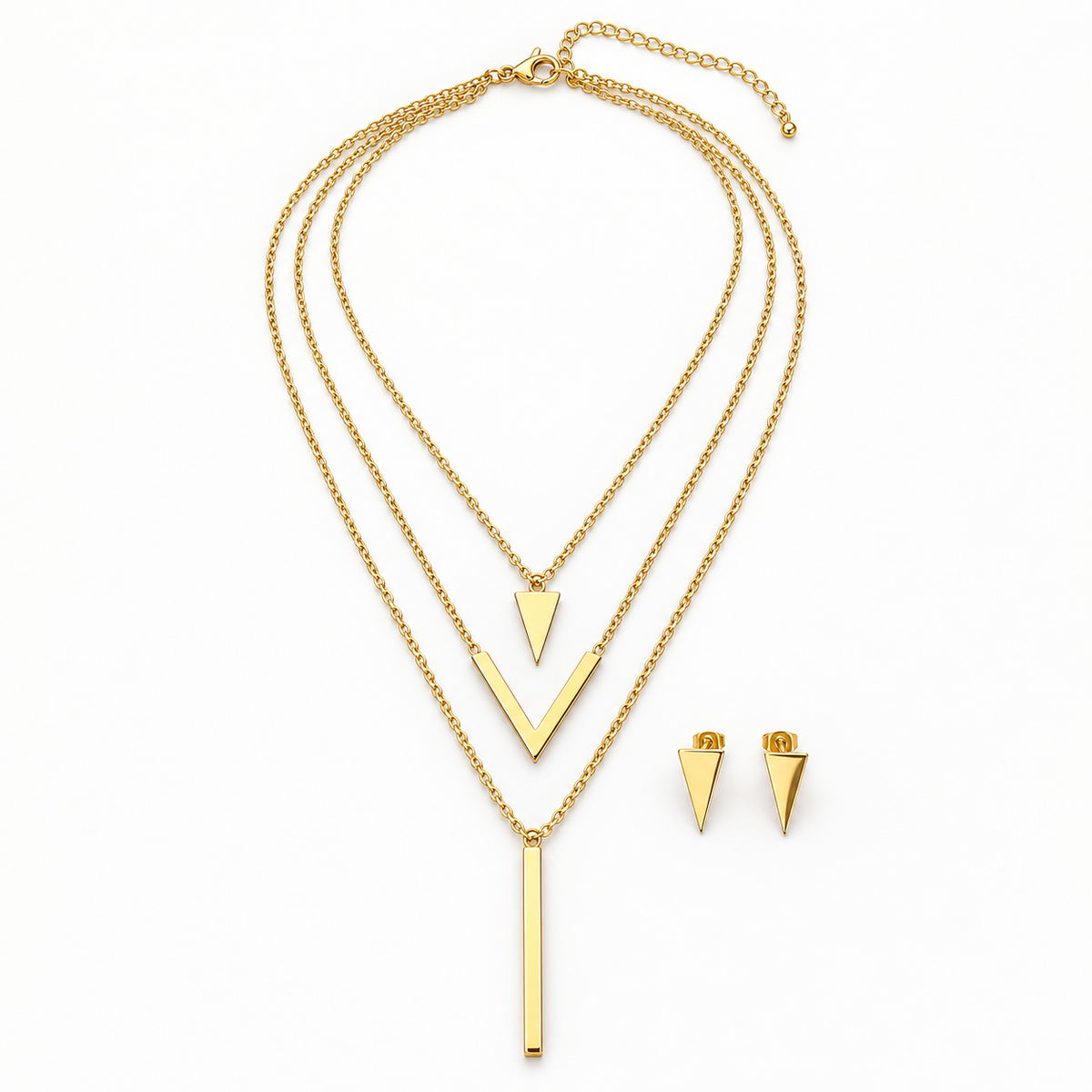 Gold-tone geometric necklace on a solid white background; AI-generated brand photograph