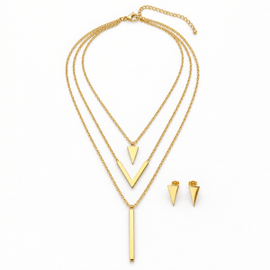 Gold-tone geometric necklace on a solid white background; AI-generated brand photograph