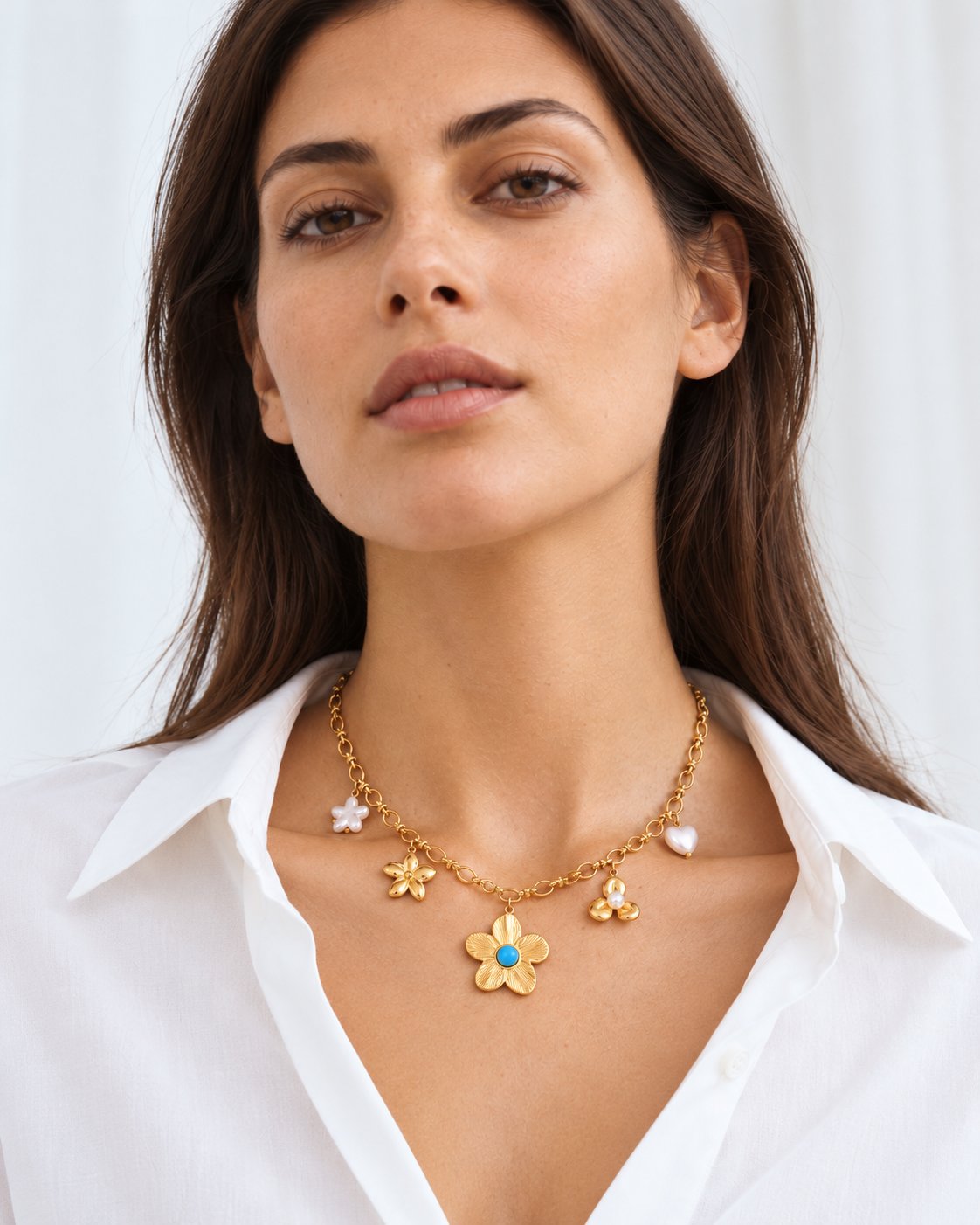 Flower Charm necklace worn at natural scale; AI-generated brand photograph