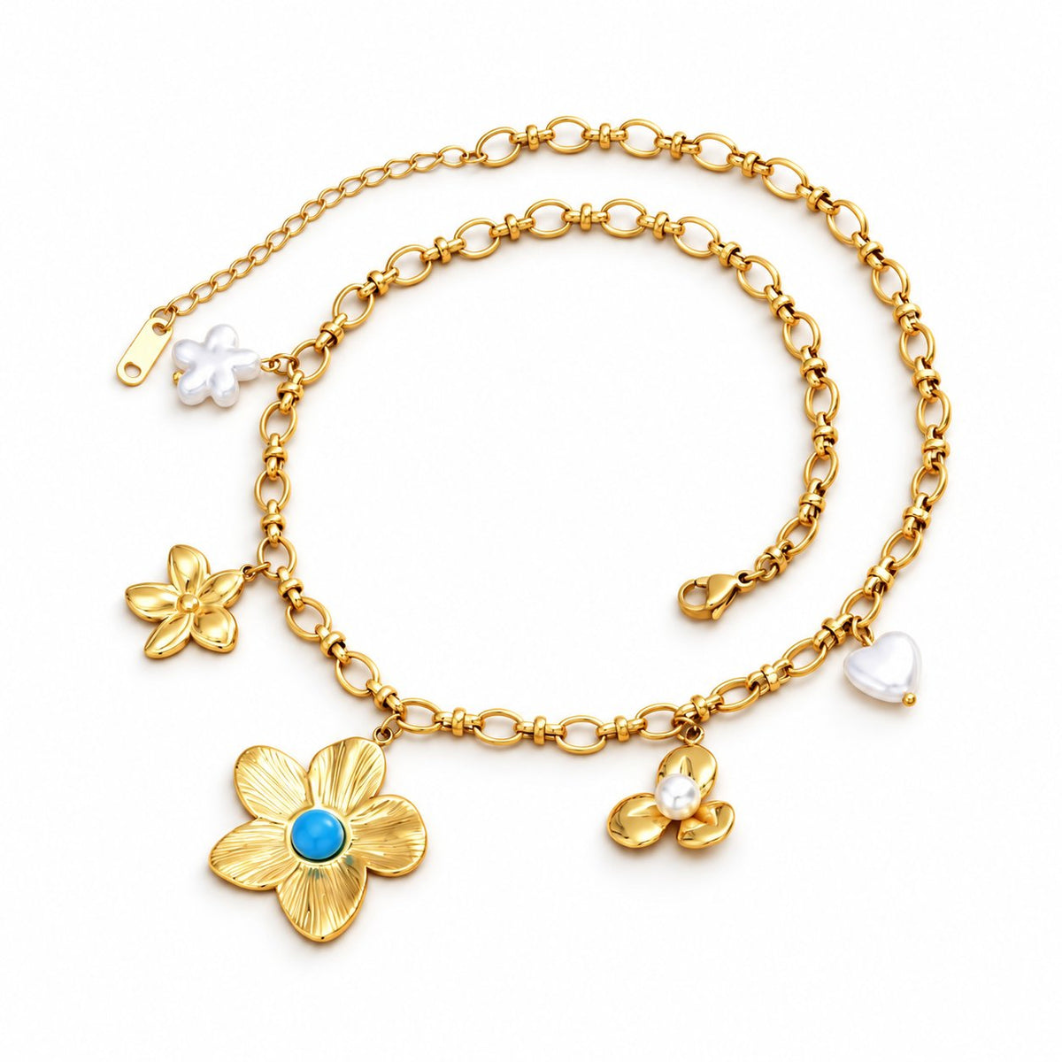 Gold-tone flower charm necklace on a plain white background; AI-generated brand photograph