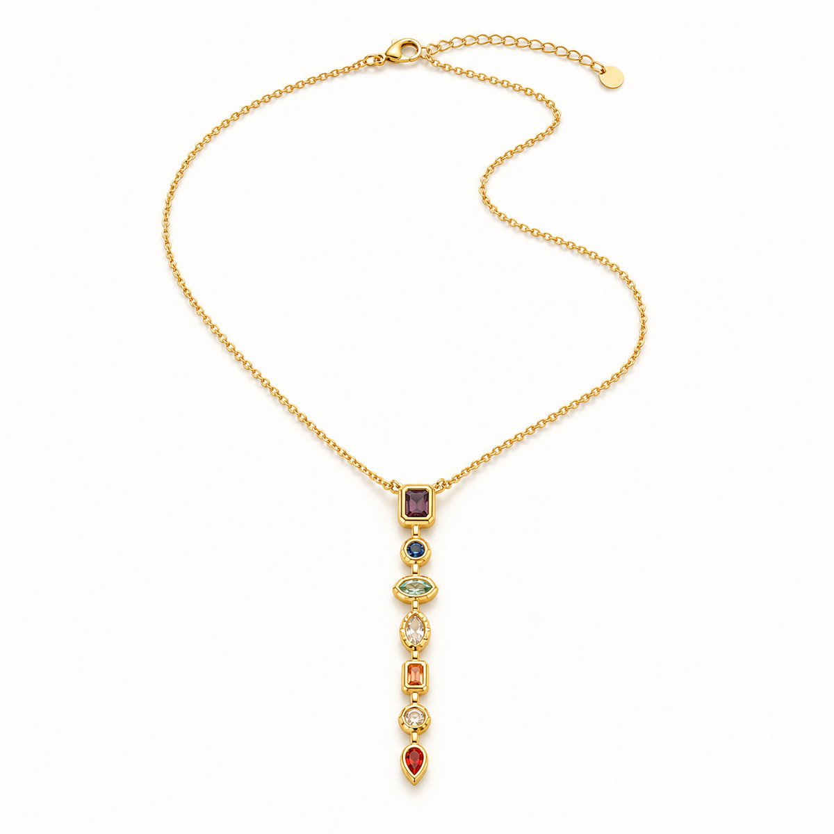 Gold-tone color drop necklace on a solid white background; AI-generated brand photograph