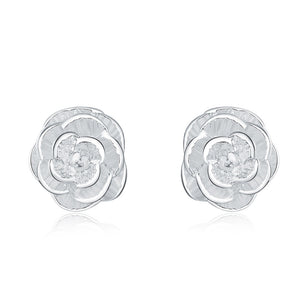 Silver-tone rose stud earrings shown in a product view