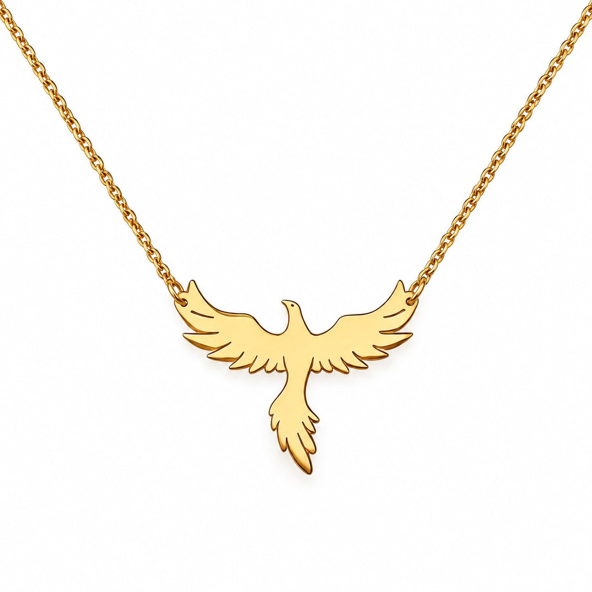 Gold-tone phoenix necklace on a plain white background; AI-generated brand photograph